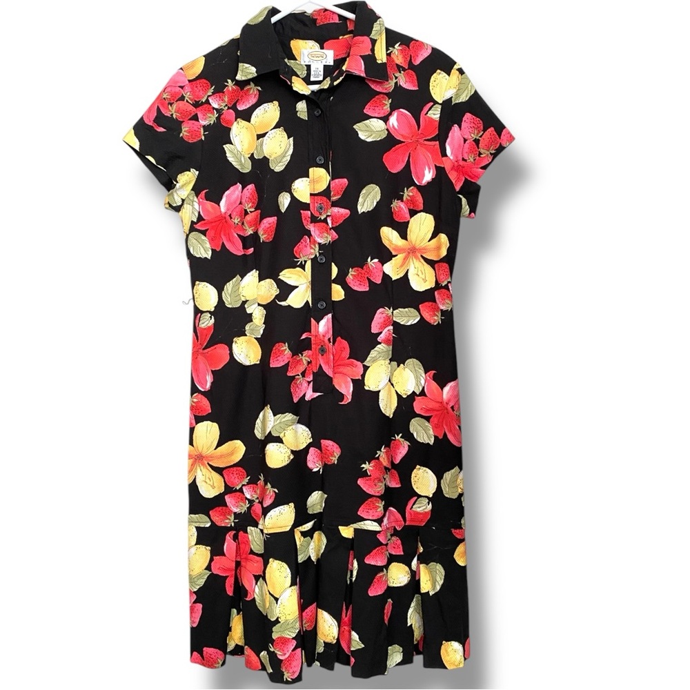 Talbots VTG Waffle Knit Polo Shirt Drop Waist Dress Novelty Lemon Strawberry